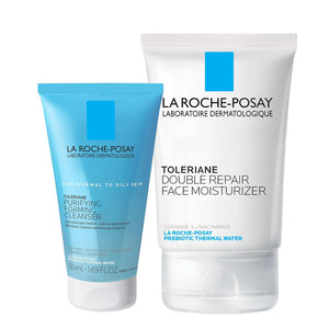 La Roche-Posay Toleraine Skin Care Duo: Double Repair Face Moisturizer (100ml) & Purifying Foaming Facial Cleanser (50ml) for Oily Skin with Niacinamide